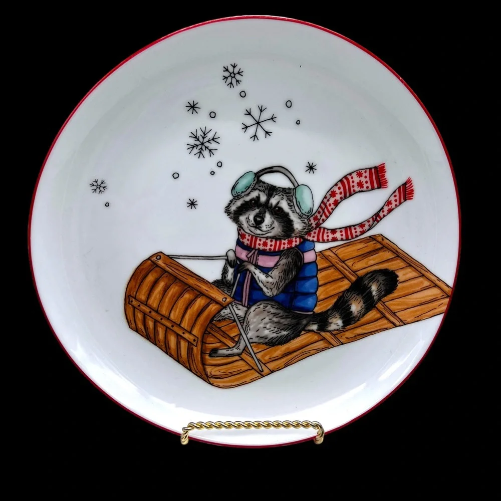 New West Elm Rachel Kozlowski 2020 Christmas Raccoon Animal salad plate